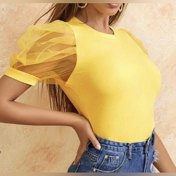 SHEIN Sheer Puff Sleeve Elegant Summer T Shirts Yellow Top, size M - Picture 1 of 14